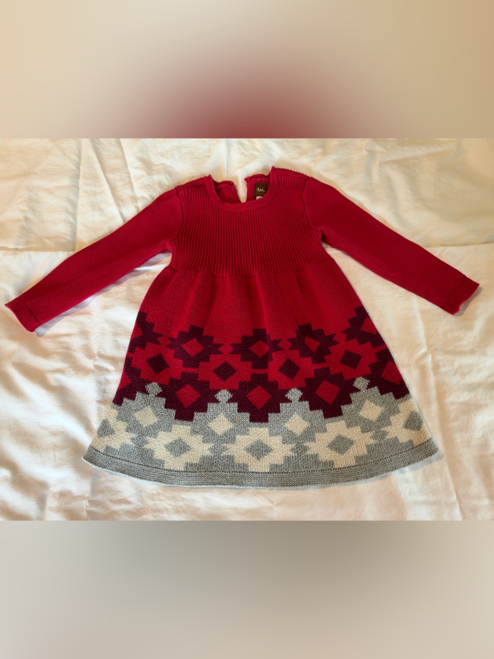 Tea Collection Red Knit Dress with Geometric Pattern